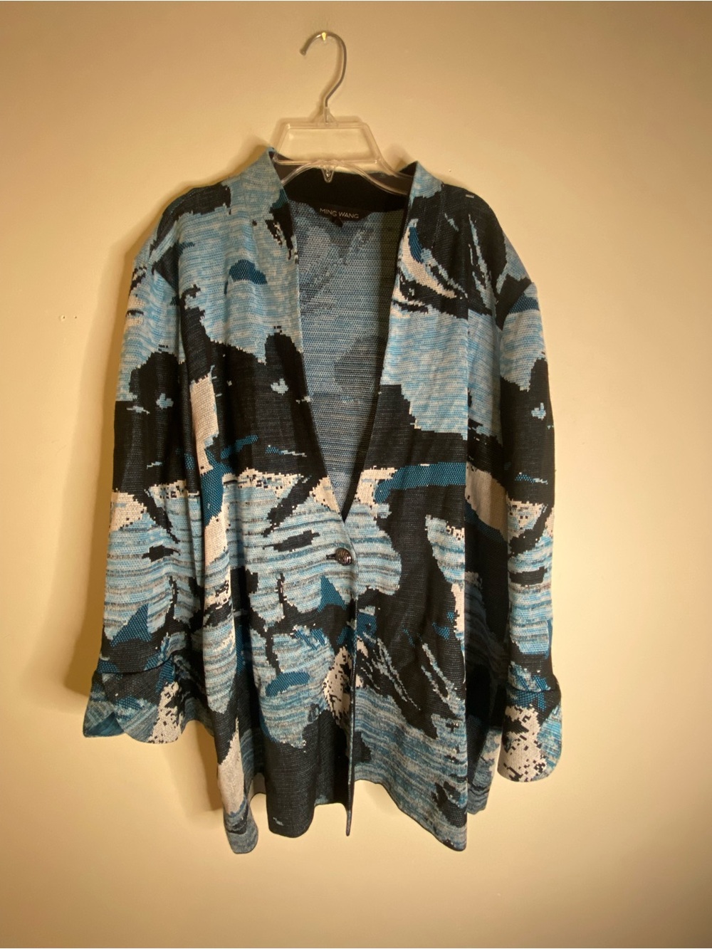 Ming Wang Blue, Black & White Abstract Knit Blazer